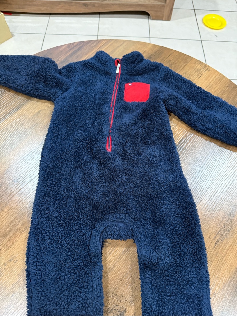 Tommy Hilfiger Navy Plush One-Piece Footie with Red Pocket